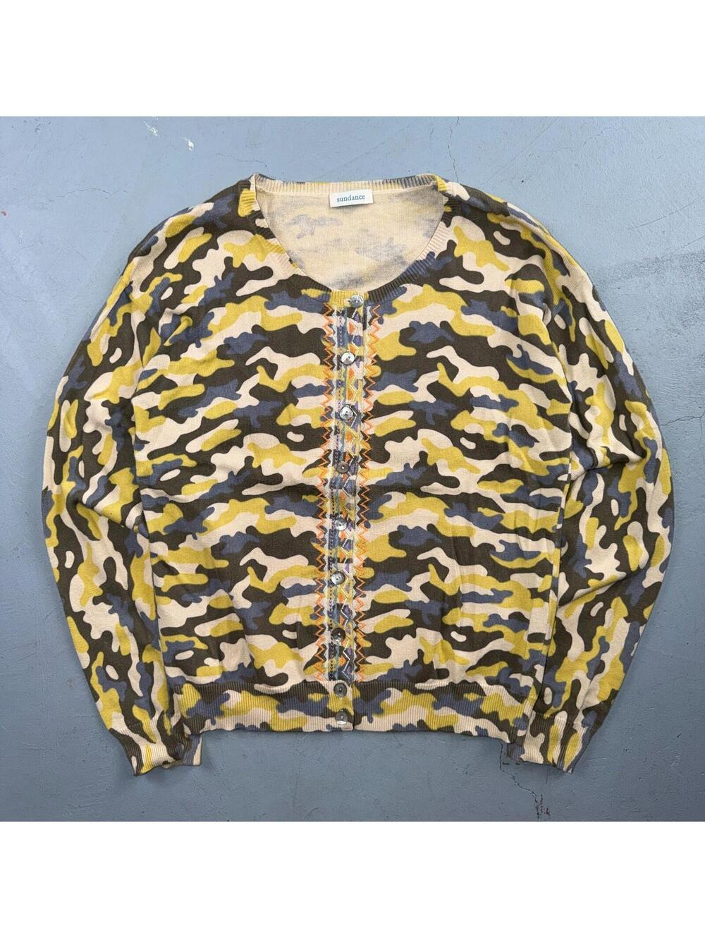 Sundance Tangier Camo Size Medium Yellow Button Down Cardigan Sweater Cute Y2K